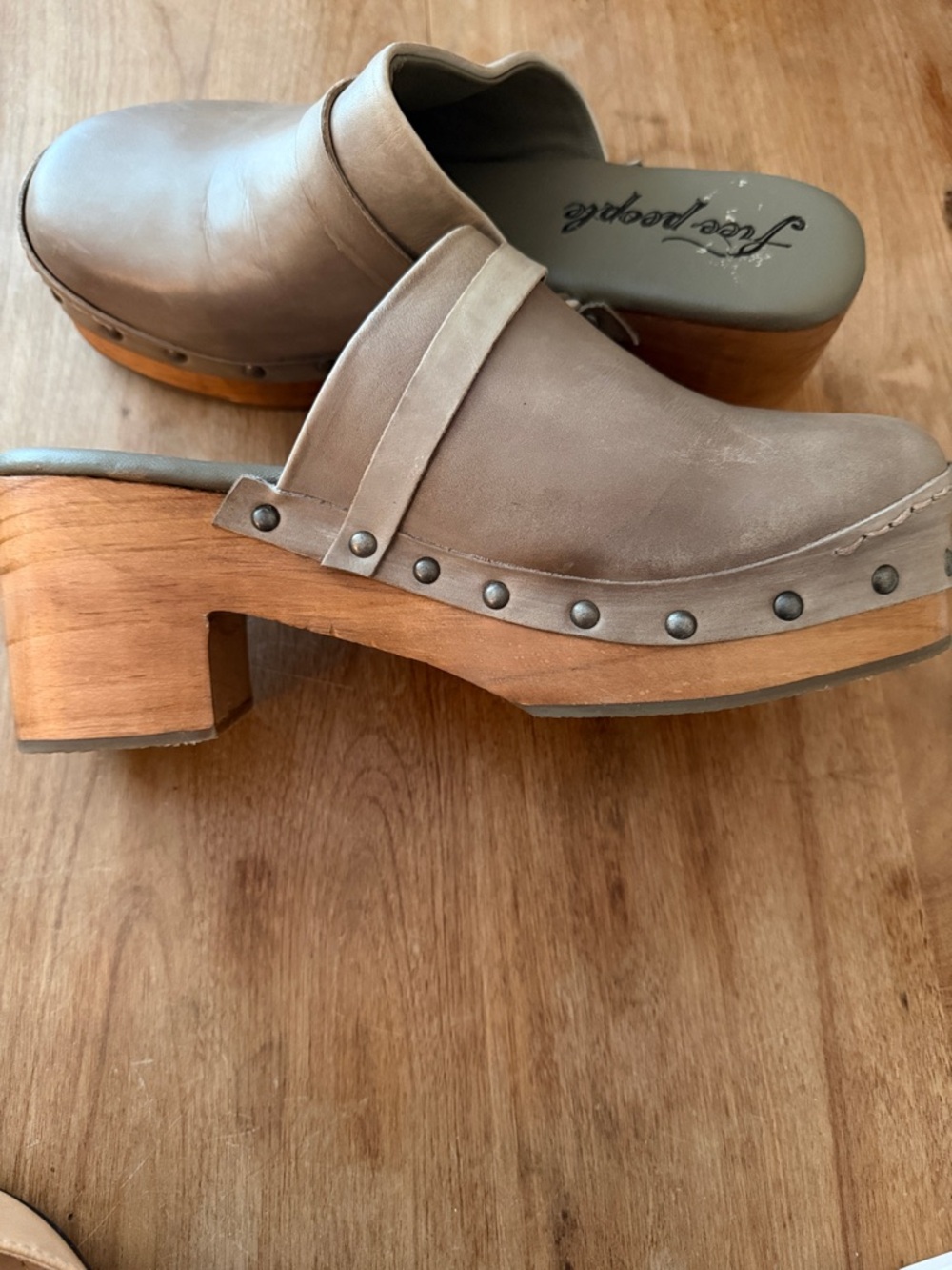Free People Taupe Leather Studded Wooden Clog Mules - Picture 3 of 6